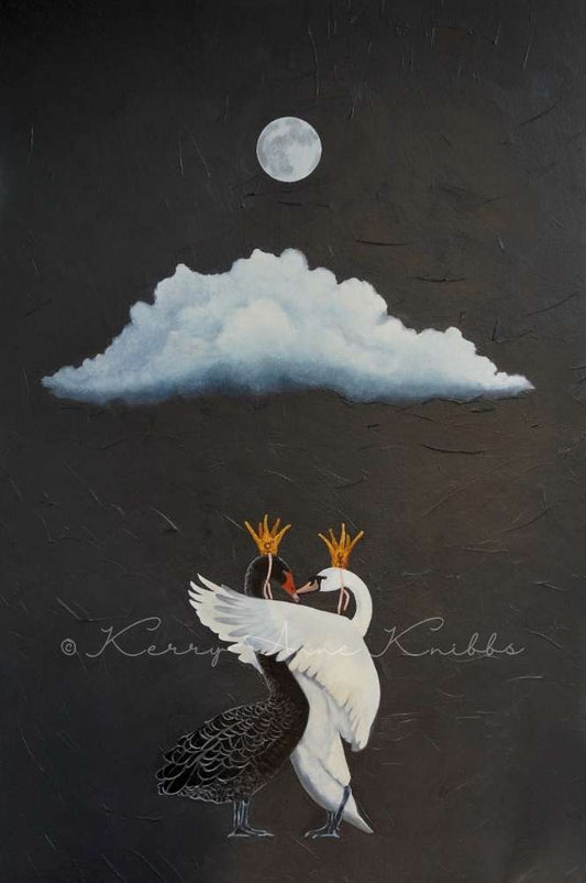 Artistic depiction of two swans under a moonlit sky with a cloud.