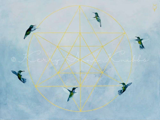 Geometric design with six hummingbirds on a light blue background, featuring the artist's signature.