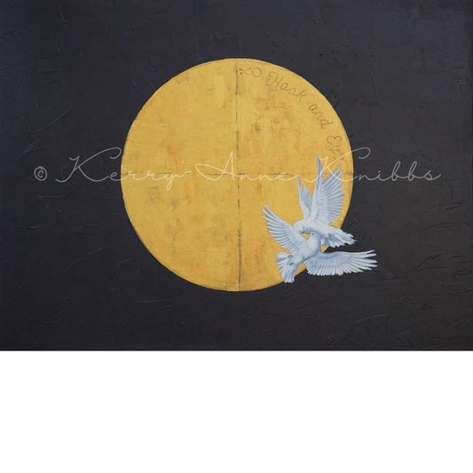 Two white birds flying in front of a yellow circle on a dark background with 'Kerry Anne Knibbs
