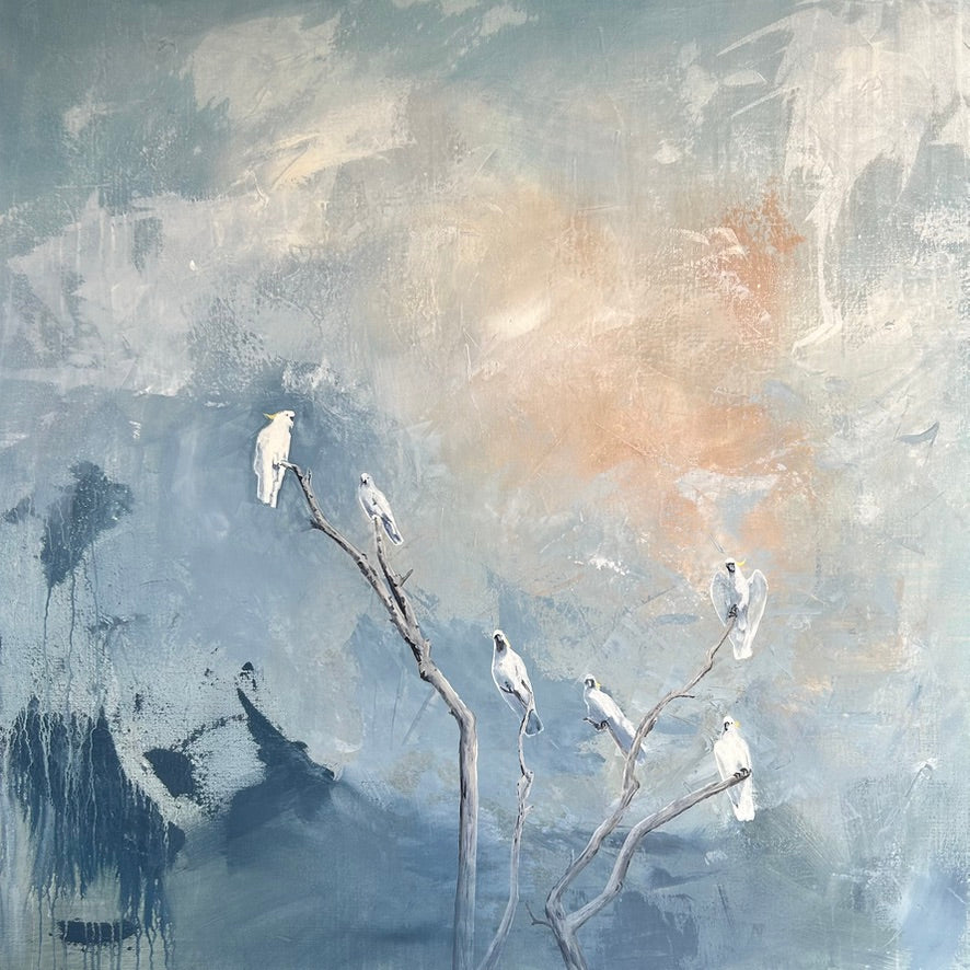 Sunny Boys by Kerry-Anne Knibbs, a symbolic artwork featuring Australian White Cockatoos representing joy, light and cultural connection.