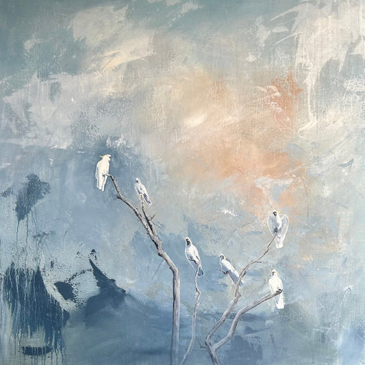 Sunny Boys by Kerry-Anne Knibbs, a symbolic artwork featuring Australian White Cockatoos representing joy, light and cultural connection.