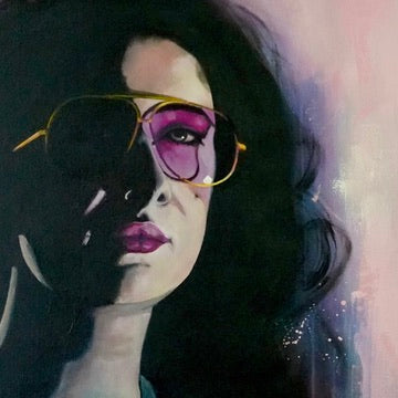 Portrait with Rose Coloured Glasses by Kerry-Anne Knibbs, finalist artwork in the Blue Mountains Portrait Awards 2024 at Blue Mountains Cultural Centre, exploring youth, nostalgia and connection in a digital age.