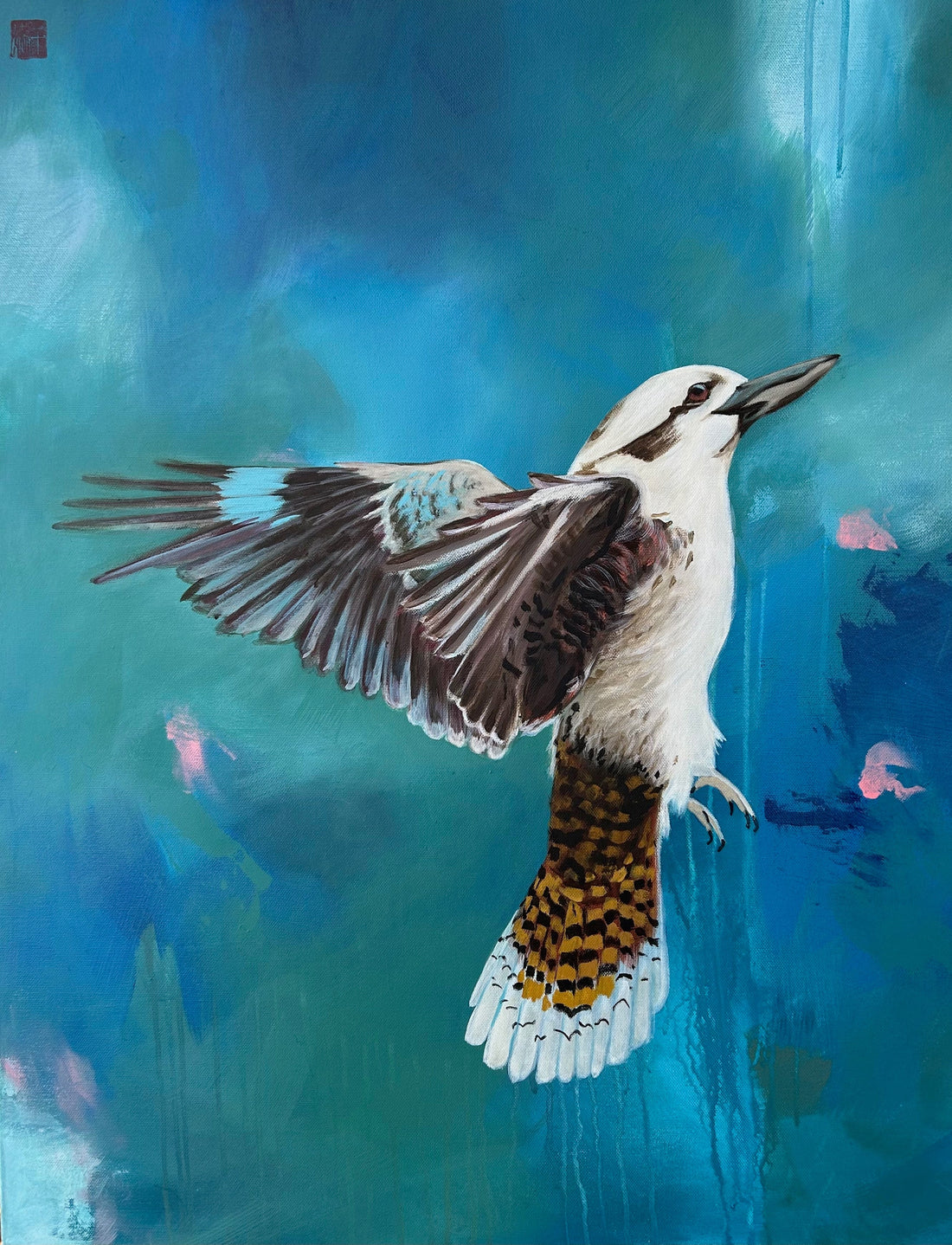 Dancing in the Rain by Kerry-Anne Knibbs, finalist artwork in the Blue Fringe Arts & Literature Festival 2024 featuring a joyful symbolic kookaburra.