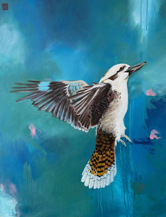 Dancing in the Rain by Kerry-Anne Knibbs, finalist artwork in the Blue Fringe Arts & Literature Festival 2024 featuring a joyful symbolic kookaburra.