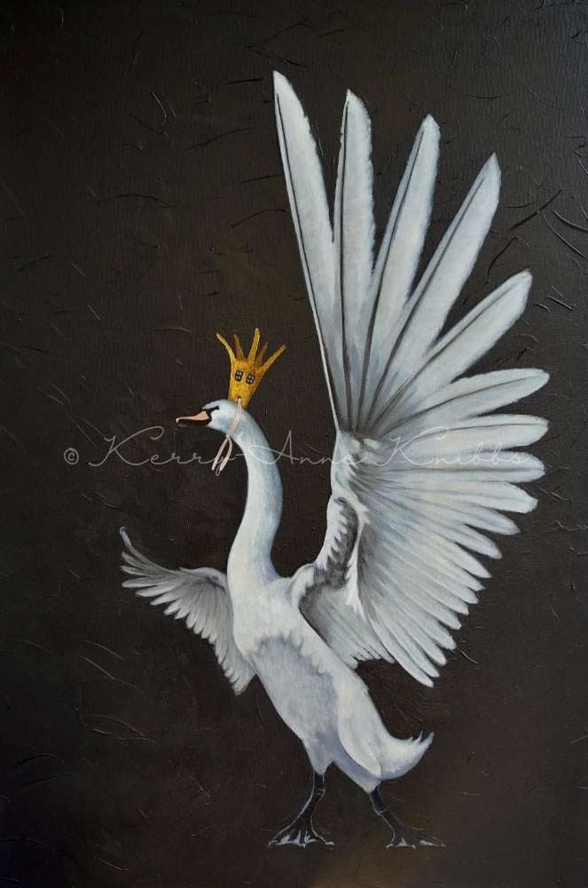 Artistic depiction of a white swan with outstretched wings on a dark background