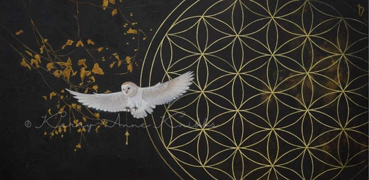 White owl flying among gold leaves on a black background with geometric patterns