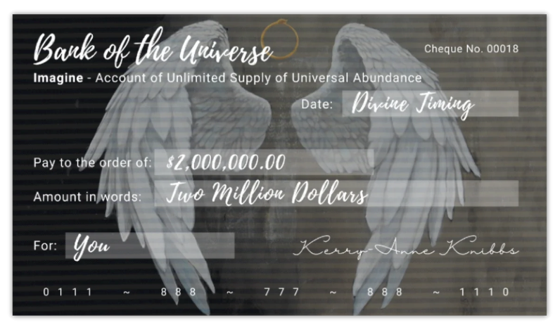 Fictional bank check with angel wings and text on a dark background