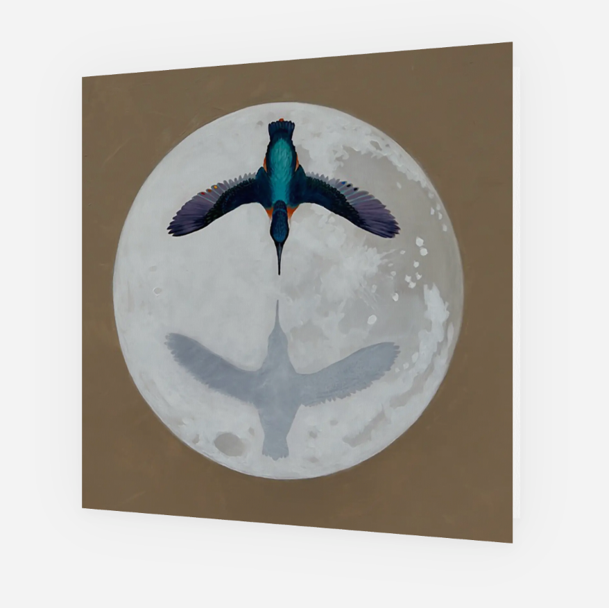 Framed artwork of a bird in flight over a moonlit sky on a brown background