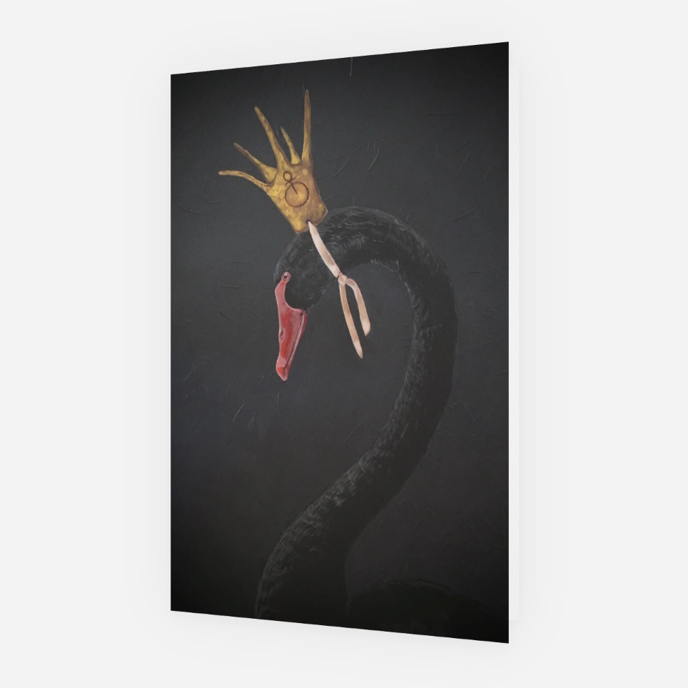 Black swan with a crown on a dark background