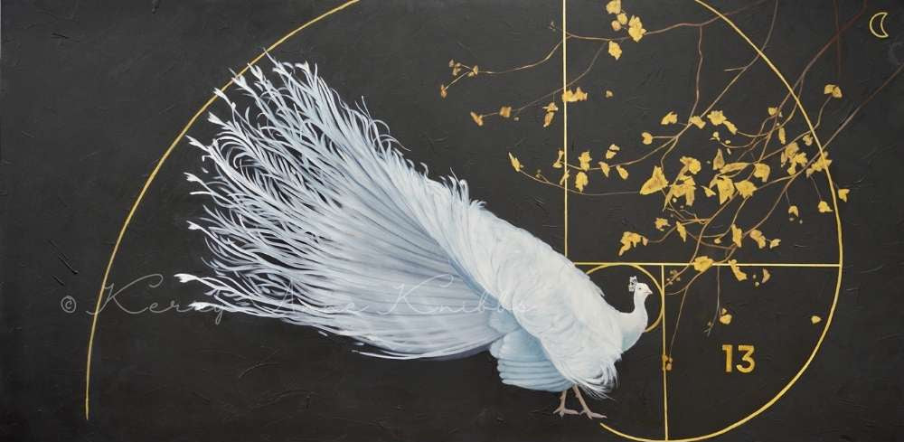 White peacock illustration on a dark background with gold elements and the number 13.