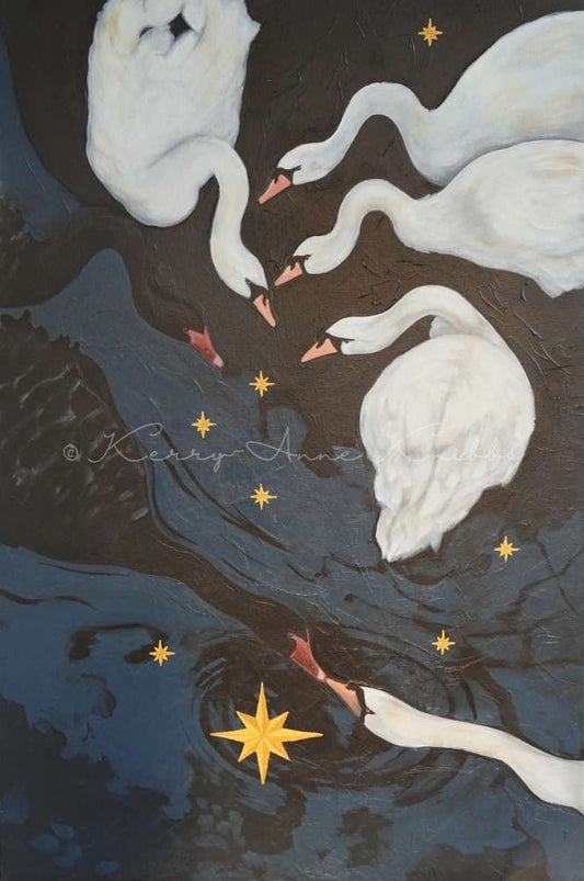 Illustration of swans in a starry night sky with water reflection