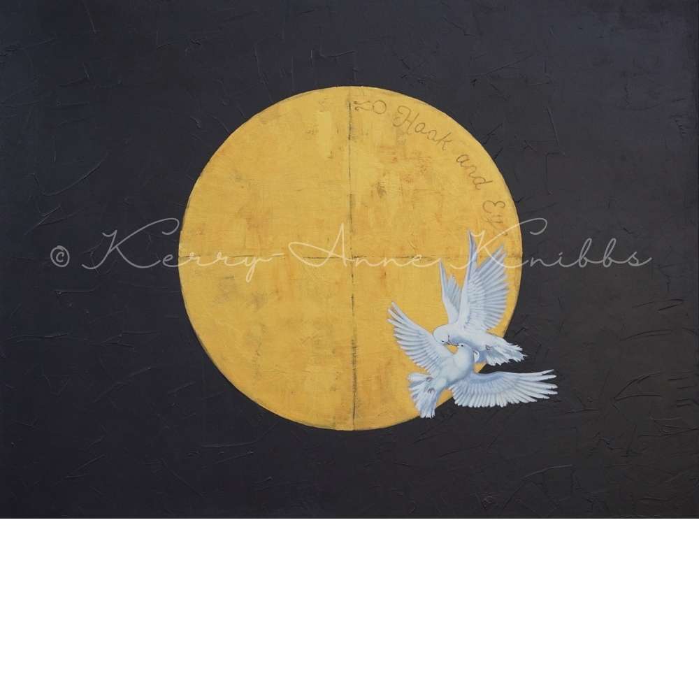 Two white birds flying in front of a yellow circle on a dark background with 'Kerry Anne Knibbs